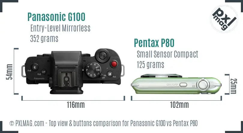 Panasonic G100 vs Pentax P80 top view buttons comparison