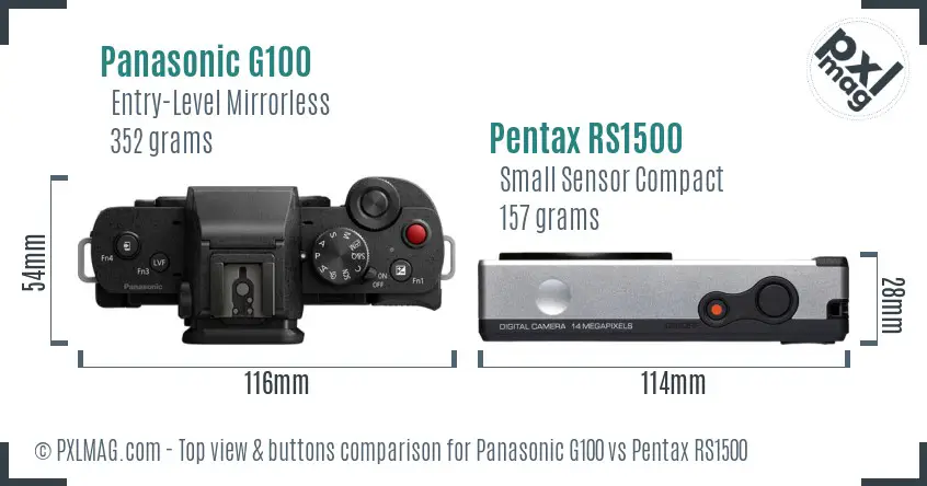 Panasonic G100 vs Pentax RS1500 top view buttons comparison