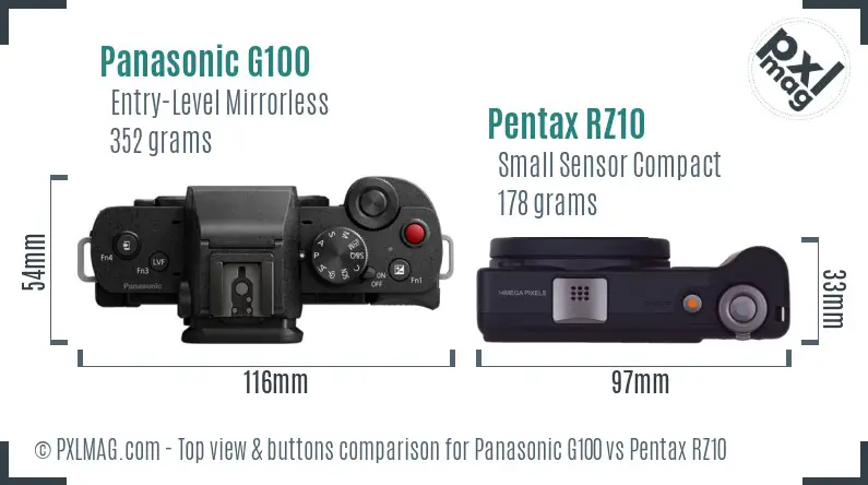 Panasonic G100 vs Pentax RZ10 top view buttons comparison