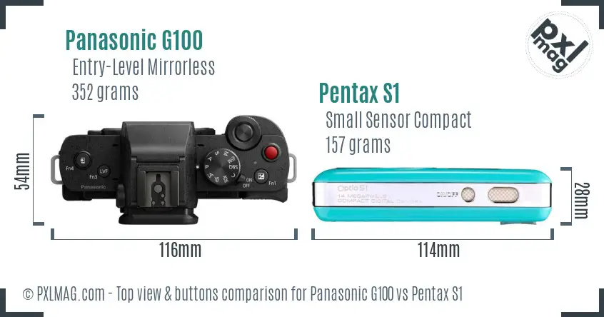 Panasonic G100 vs Pentax S1 top view buttons comparison