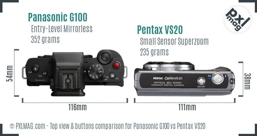 Panasonic G100 vs Pentax VS20 top view buttons comparison