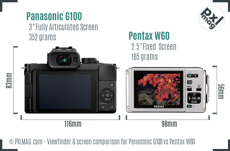 Panasonic G100 vs Pentax W60 Screen and Viewfinder comparison