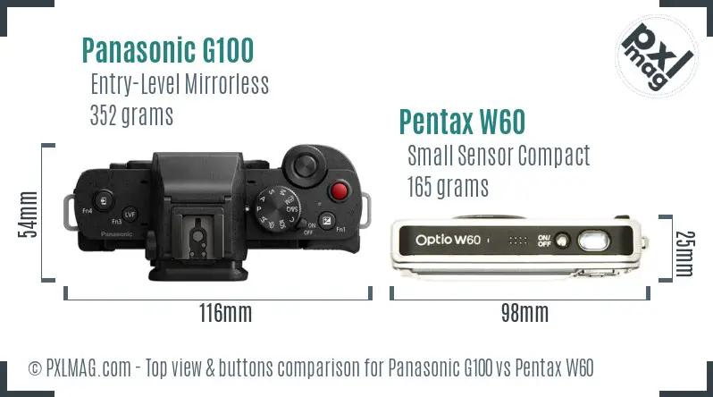 Panasonic G100 vs Pentax W60 top view buttons comparison