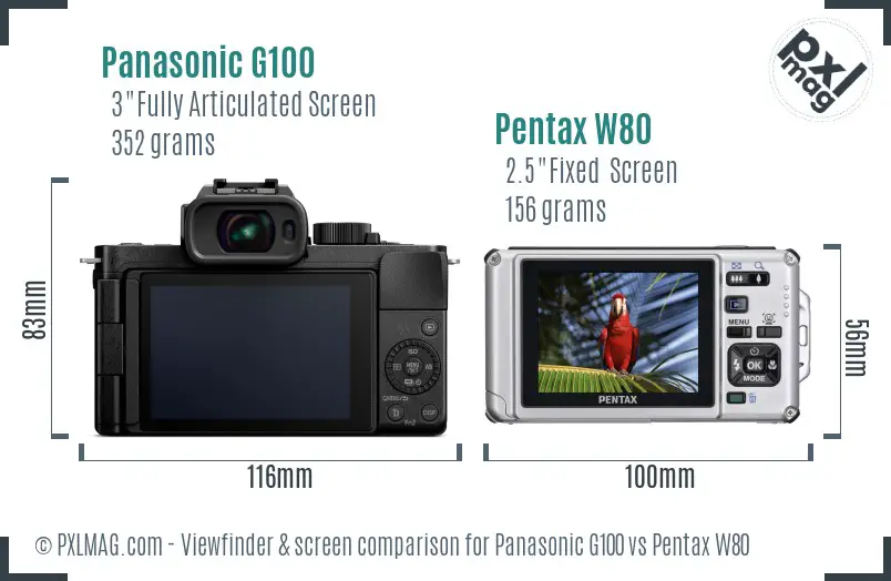 Panasonic G100 vs Pentax W80 Screen and Viewfinder comparison