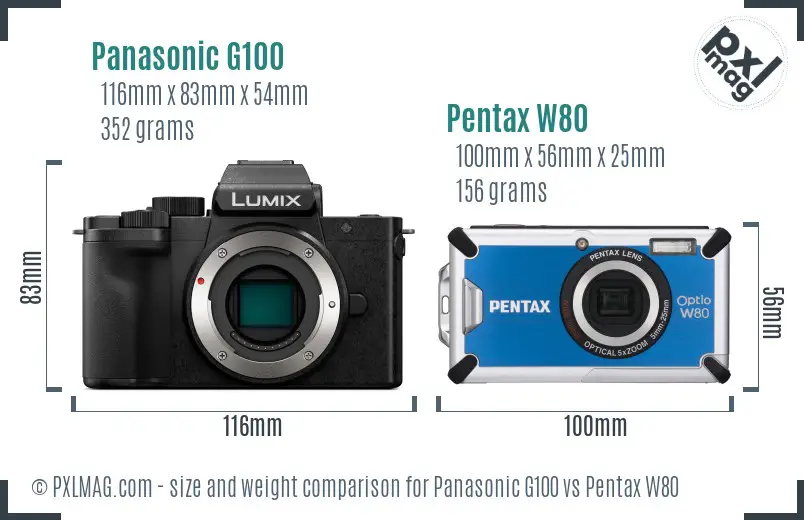 Panasonic G100 vs Pentax W80 size comparison