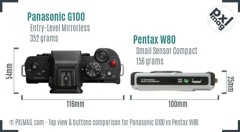 Panasonic G100 vs Pentax W80 top view buttons comparison