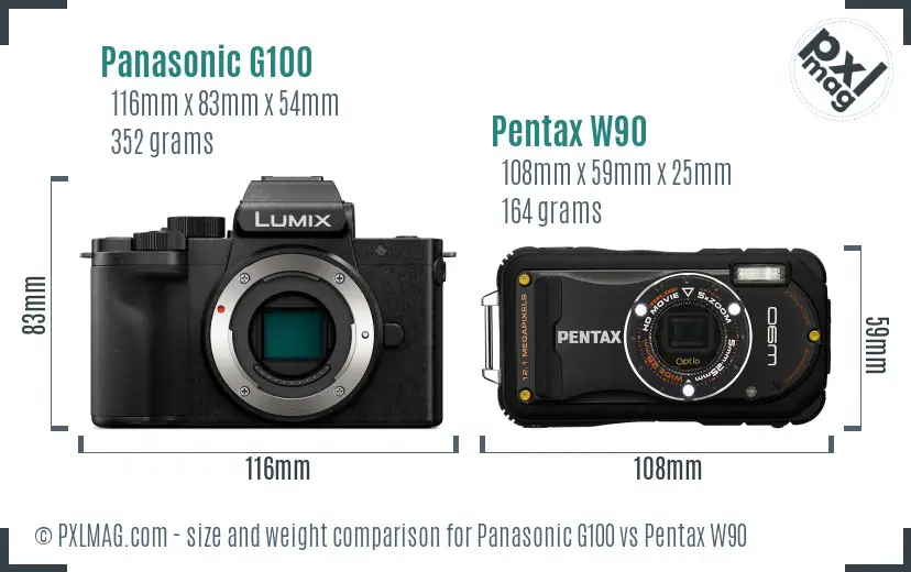 Panasonic G100 vs Pentax W90 size comparison