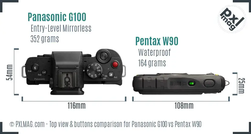 Panasonic G100 vs Pentax W90 top view buttons comparison