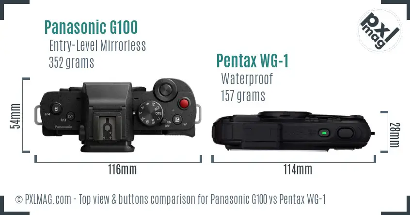 Panasonic G100 vs Pentax WG-1 top view buttons comparison