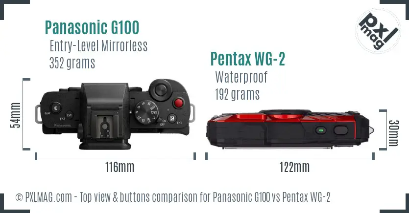 Panasonic G100 vs Pentax WG-2 top view buttons comparison