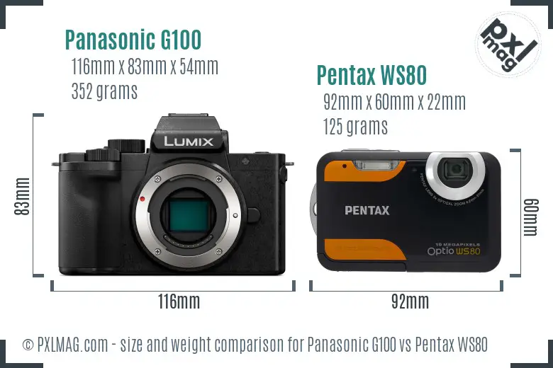 Panasonic G100 vs Pentax WS80 size comparison