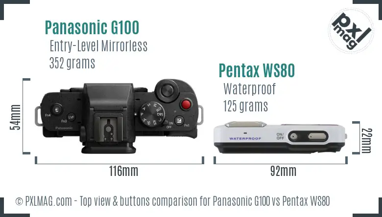 Panasonic G100 vs Pentax WS80 top view buttons comparison