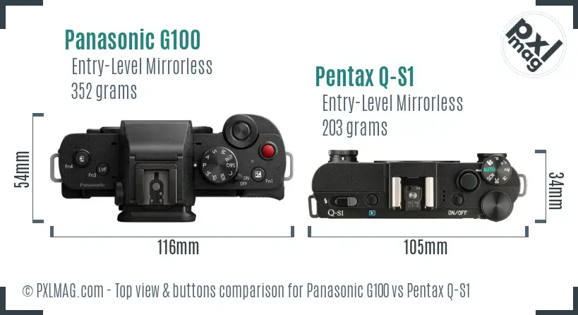 Panasonic G100 vs Pentax Q-S1 top view buttons comparison