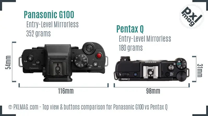 Panasonic G100 vs Pentax Q top view buttons comparison