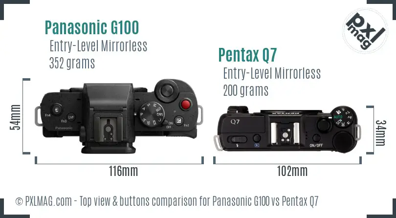 Panasonic G100 vs Pentax Q7 top view buttons comparison