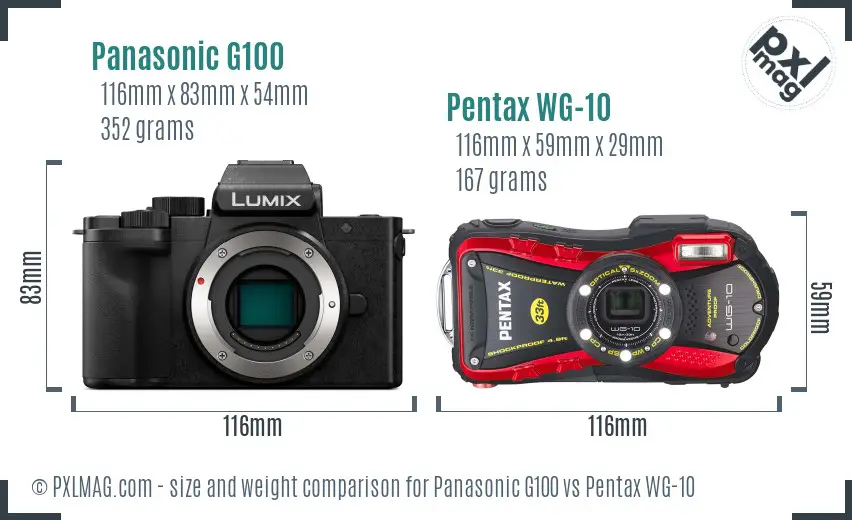 Panasonic G100 vs Pentax WG-10 size comparison