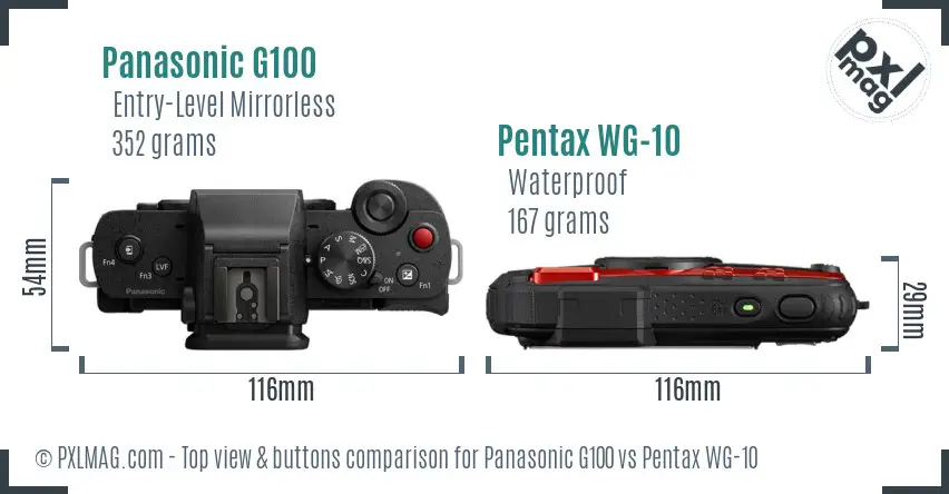 Panasonic G100 vs Pentax WG-10 top view buttons comparison