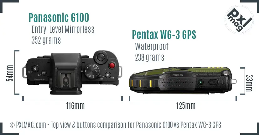 Panasonic G100 vs Pentax WG-3 GPS top view buttons comparison