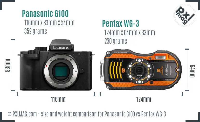 Panasonic G100 vs Pentax WG-3 size comparison