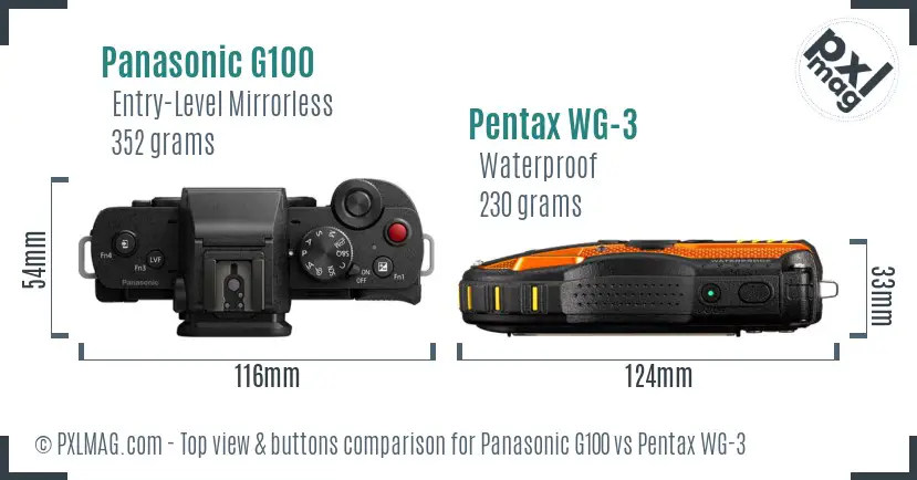 Panasonic G100 vs Pentax WG-3 top view buttons comparison