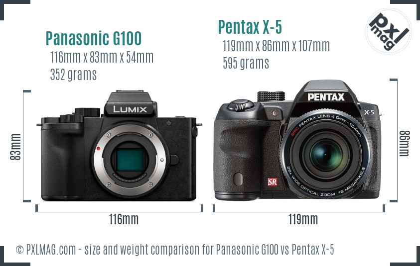 Panasonic G100 vs Pentax X-5 size comparison Panasonic G100 vs Pentax X-5 size comparison