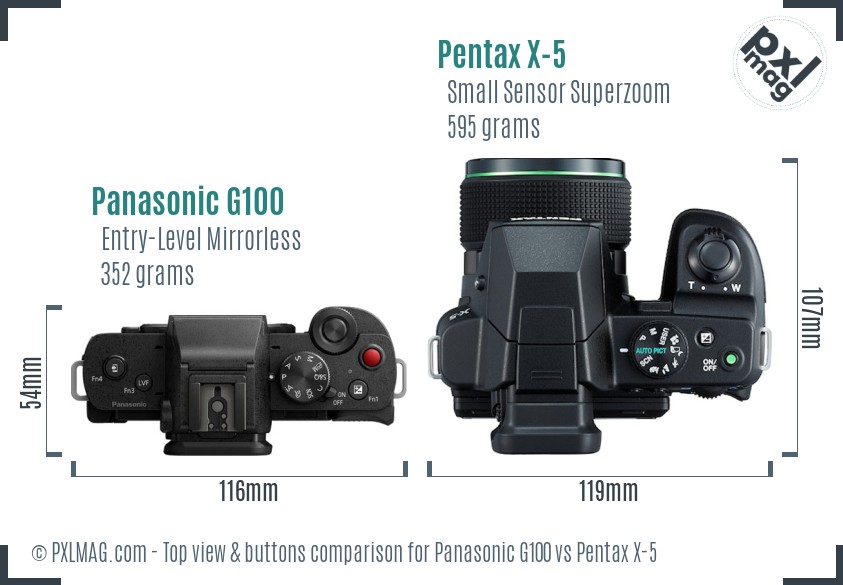 Panasonic G100 vs Pentax X-5 top view buttons comparison