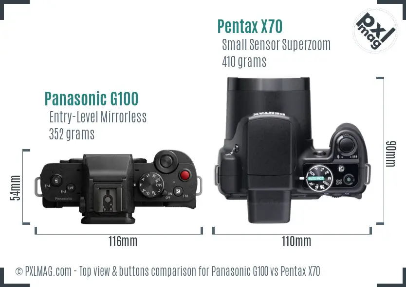 Panasonic G100 vs Pentax X70 top view buttons comparison