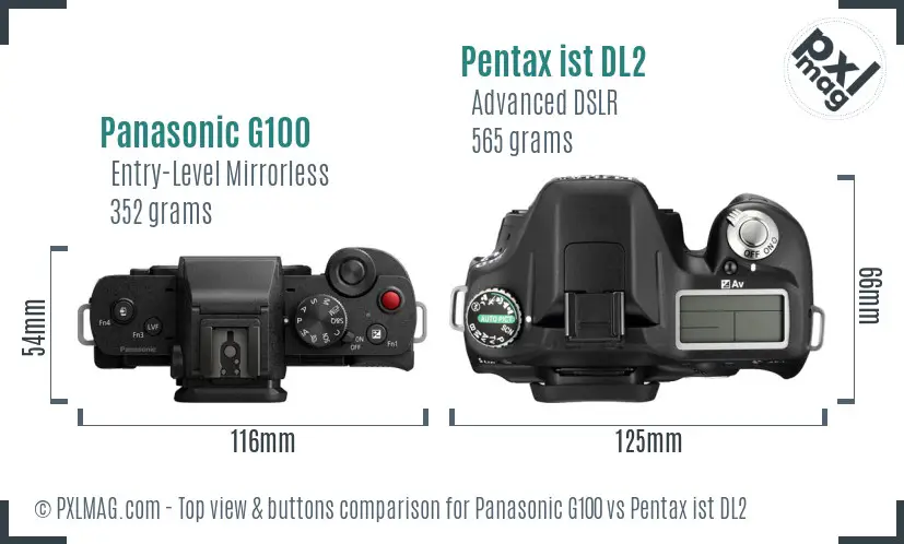 Panasonic G100 vs Pentax ist DL2 top view buttons comparison