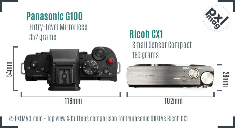 Panasonic G100 vs Ricoh CX1 top view buttons comparison Panasonic G100 vs Ricoh CX1 top view buttons comparison