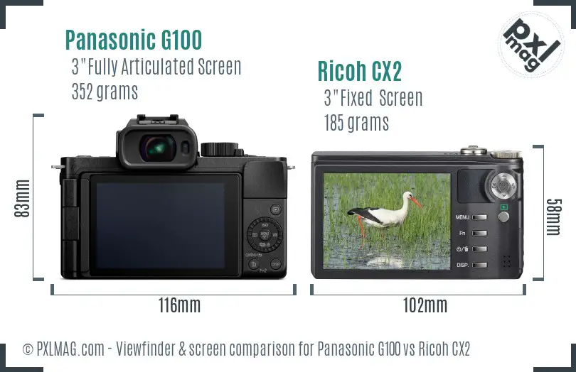 Panasonic G100 vs Ricoh CX2 Screen and Viewfinder comparison Panasonic G100 vs Ricoh CX2 Screen and Viewfinder comparison