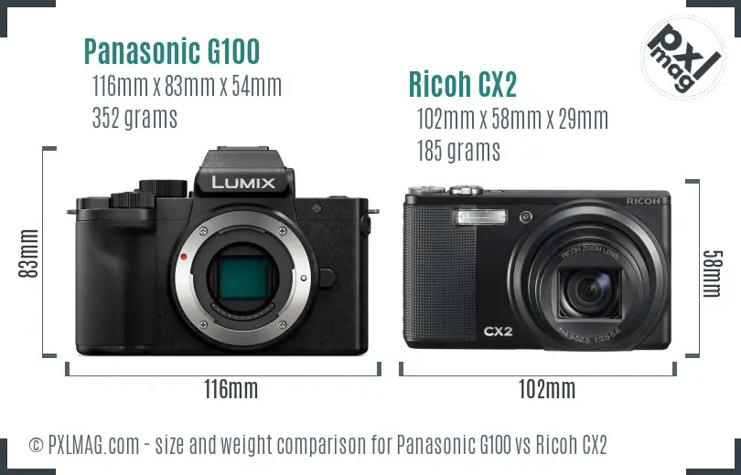 Panasonic G100 vs Ricoh CX2 size comparison Panasonic G100 vs Ricoh CX2 size comparison