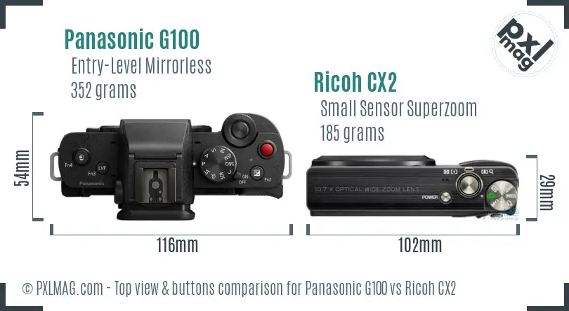 Panasonic G100 vs Ricoh CX2 top view buttons comparison Panasonic G100 vs Ricoh CX2 top view buttons comparison