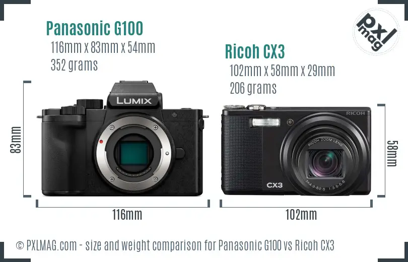 Panasonic G100 vs Ricoh CX3 size comparison