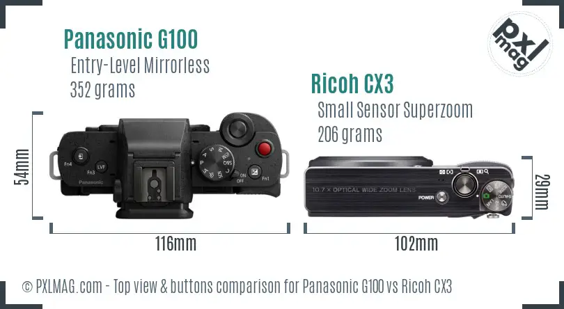 Panasonic G100 vs Ricoh CX3 top view buttons comparison