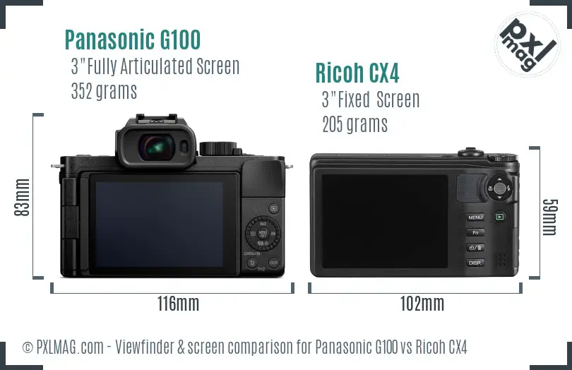 Panasonic G100 vs Ricoh CX4 Screen and Viewfinder comparison Panasonic G100 vs Ricoh CX4 Screen and Viewfinder comparison