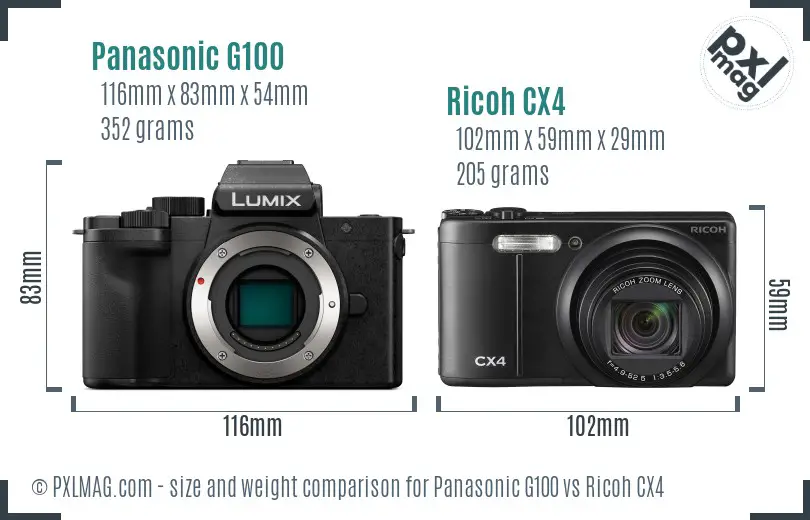 Panasonic G100 vs Ricoh CX4 size comparison Panasonic G100 vs Ricoh CX4 size comparison