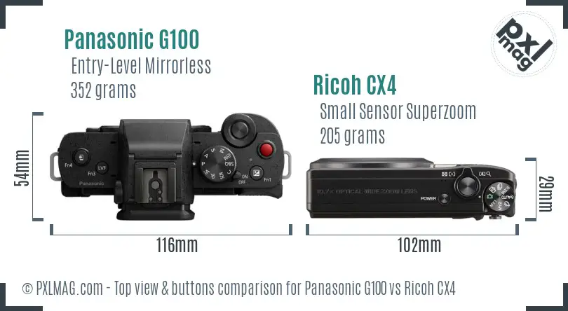 Panasonic G100 vs Ricoh CX4 top view buttons comparison Panasonic G100 vs Ricoh CX4 top view buttons comparison
