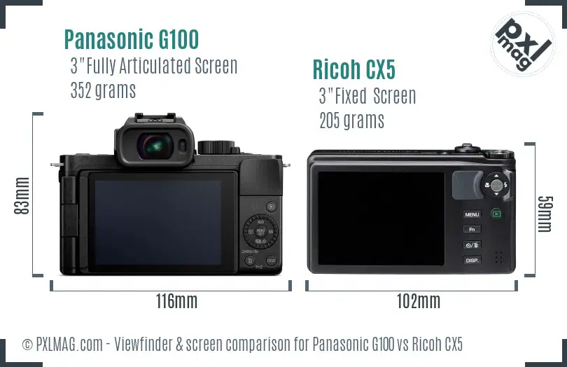 Panasonic G100 vs Ricoh CX5 Screen and Viewfinder comparison