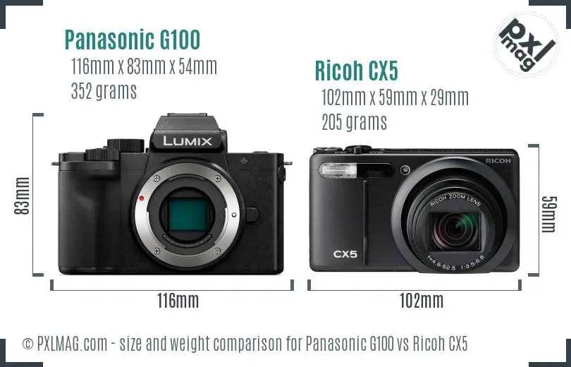 Panasonic G100 vs Ricoh CX5 size comparison