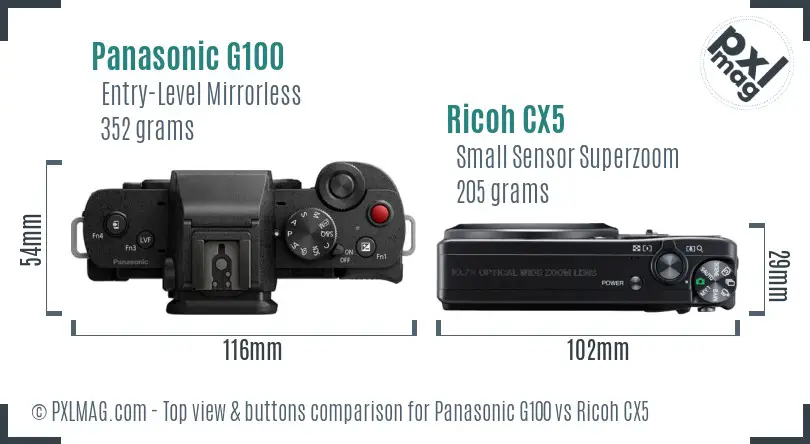 Panasonic G100 vs Ricoh CX5 top view buttons comparison