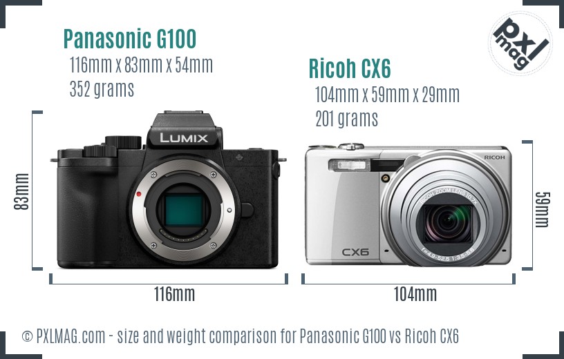 Panasonic G100 vs Ricoh CX6 size comparison Panasonic G100 vs Ricoh CX6 size comparison