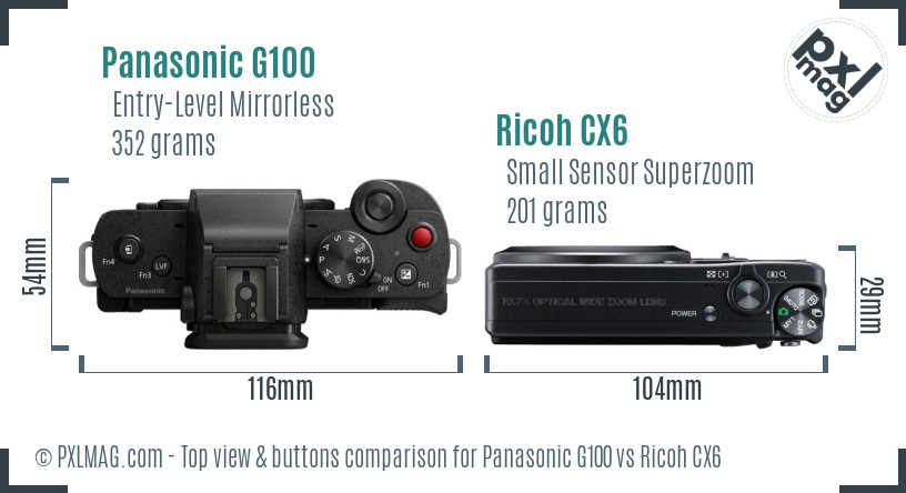 Panasonic G100 vs Ricoh CX6 top view buttons comparison