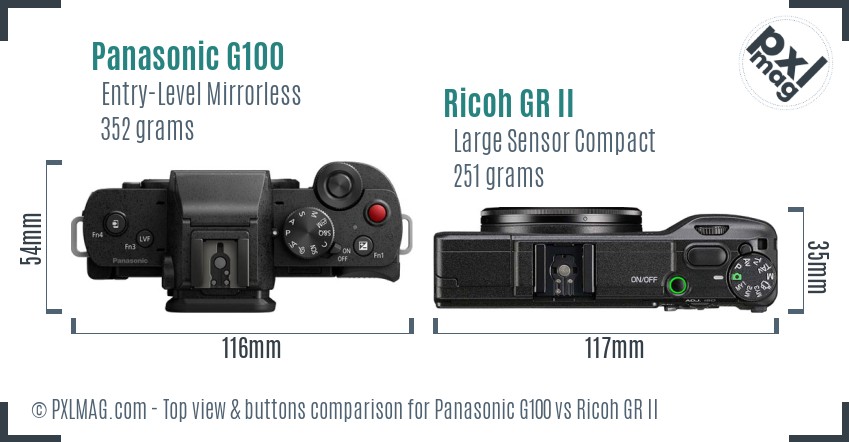 Panasonic G100 vs Ricoh GR II top view buttons comparison