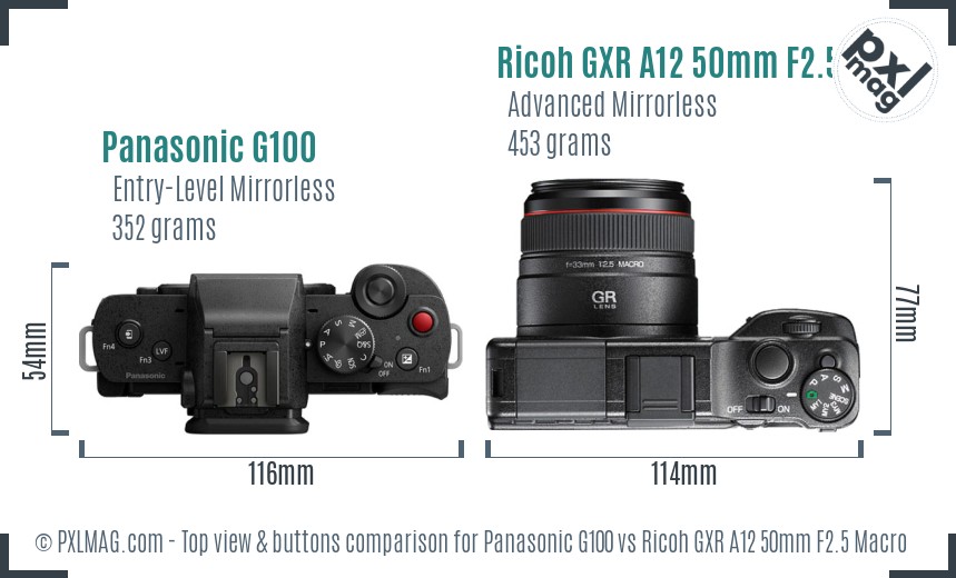 Panasonic G100 vs Ricoh GXR A12 50mm F2.5 Macro top view buttons comparison