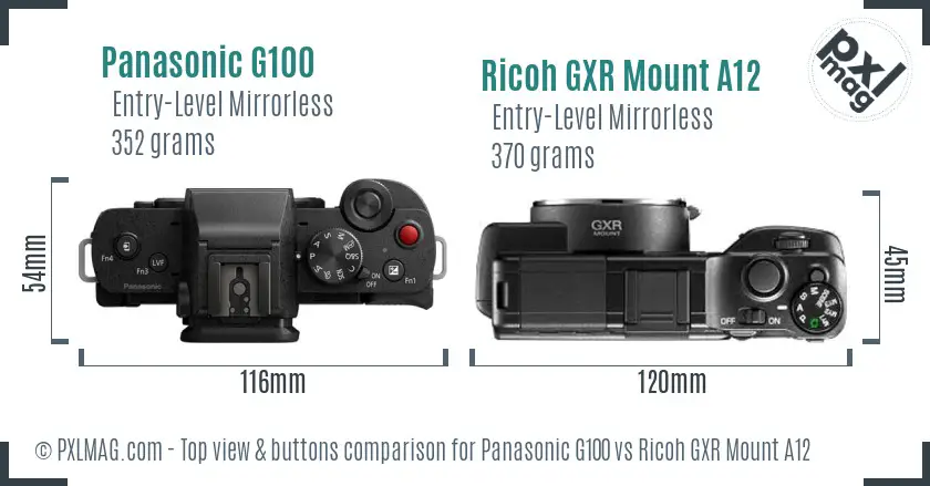 Panasonic G100 vs Ricoh GXR Mount A12 top view buttons comparison