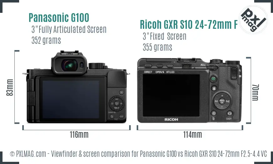 Panasonic G100 vs Ricoh GXR S10 24-72mm F2.5-4.4 VC Screen and Viewfinder comparison