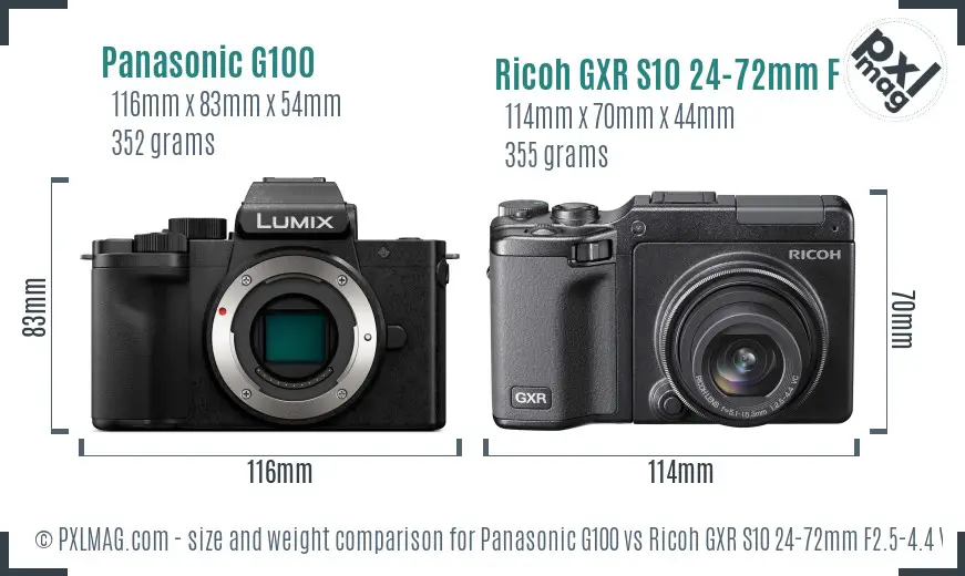 Panasonic G100 vs Ricoh GXR S10 24-72mm F2.5-4.4 VC size comparison