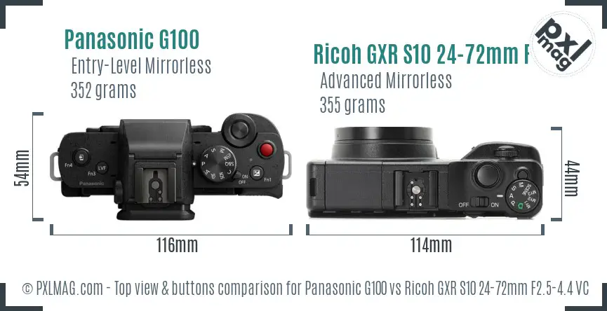 Panasonic G100 vs Ricoh GXR S10 24-72mm F2.5-4.4 VC top view buttons comparison