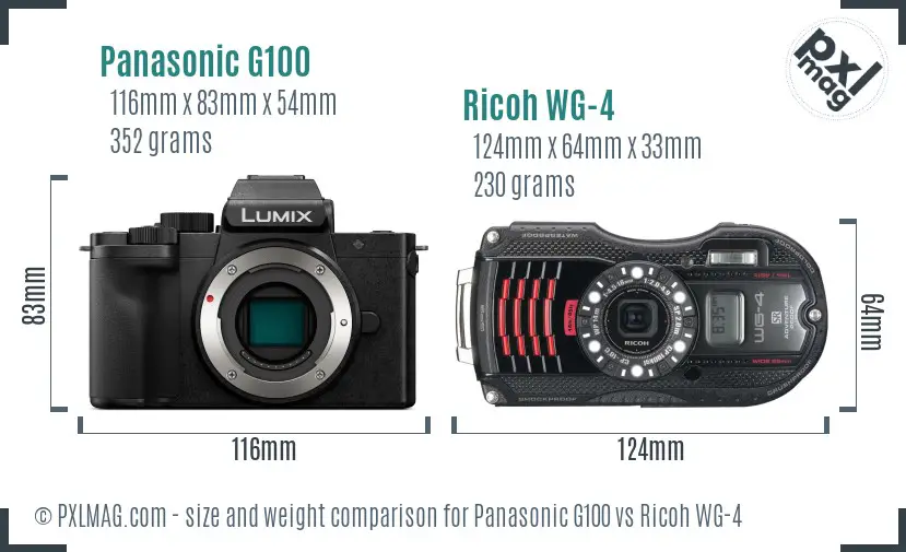 Panasonic G100 vs Ricoh WG-4 size comparison