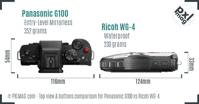 Panasonic G100 vs Ricoh WG-4 top view buttons comparison